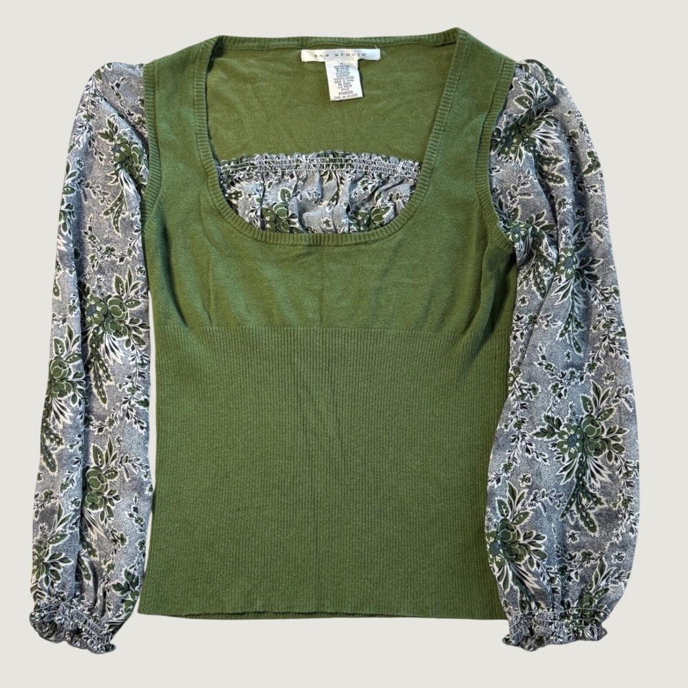 Max Studio Olive Green Ribbed Knit Top Floral Puff Long Sleeve Mixed Media M
